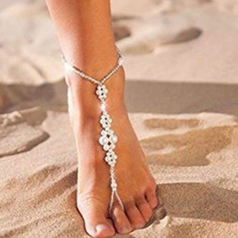 Rhinestone and pearl anklet (set of two)